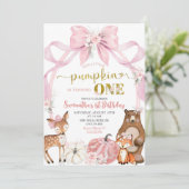 Pink Bow Pumpkin Woodland Animals eerste verjaarda Kaart (Staand voorkant)