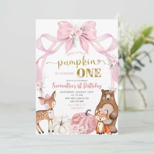 Pink Bow Pumpkin Woodland Animals eerste verjaarda Kaart (Staand voorkant)