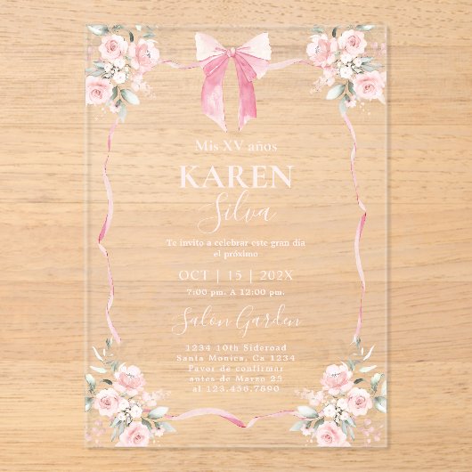 Pink Bow Quinceanera Acryl Uitnodiging (Voorkant)