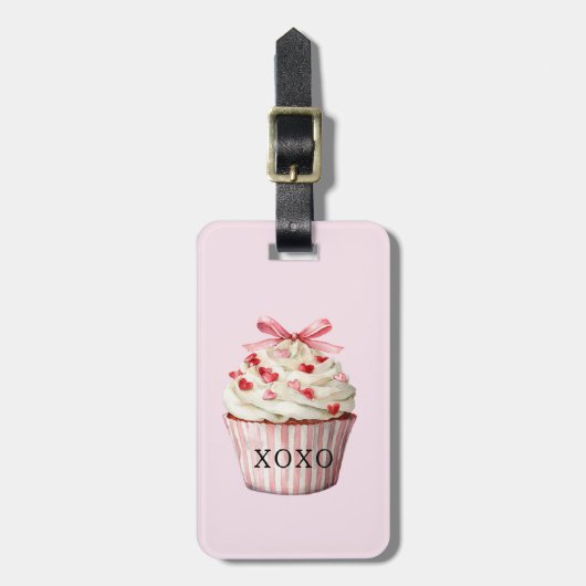 Pink Bow Red Hearts Cupcake   Bagagelabel (Voorkant verticaal)