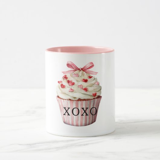 Pink Bow Red Hearts Cupcake Birthday Mok (Midden)