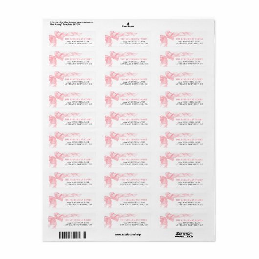 Pink Bow Return Address Etiket (Full Sheet)