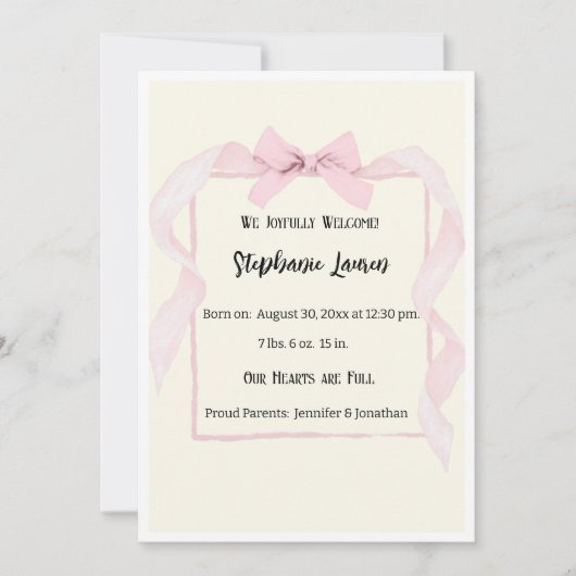 Pink Bow Ribbon Baby Birth Announcement Photo Kaart (Voorkant)