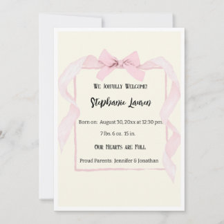 Pink Bow Ribbon Baby Birth Announcement Photo Kaart