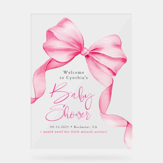 Pink Bow Ribbon Baby shower Welkom Acryl Bord (Voorkant)
