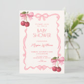 Pink bow ribbon cherry baby shower kaart (Staand voorkant)