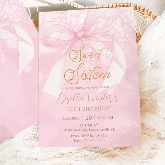 Pink Bow Ribbon Coquette Sweet 16 Sixteen Birthday Kaart
