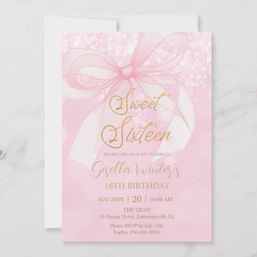 Pink Bow Ribbon Coquette Sweet 16 Sixteen Birthday Kaart (Voorkant)