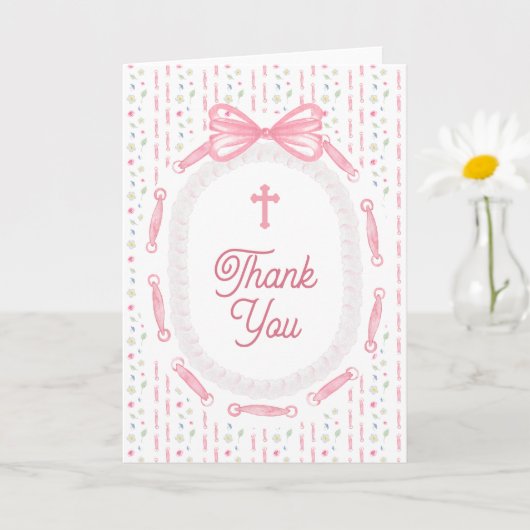 Pink Bow Ribbon Frame Floral Religious Thank You Kaart (Kleine Plant)