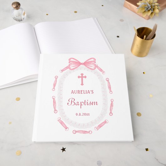 Pink Bow Ribbon Lijst doop Gastenboek (Voorkant open)