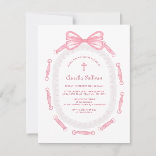 Pink Bow Ribbon Lijst doop Kaart (Voorkant)