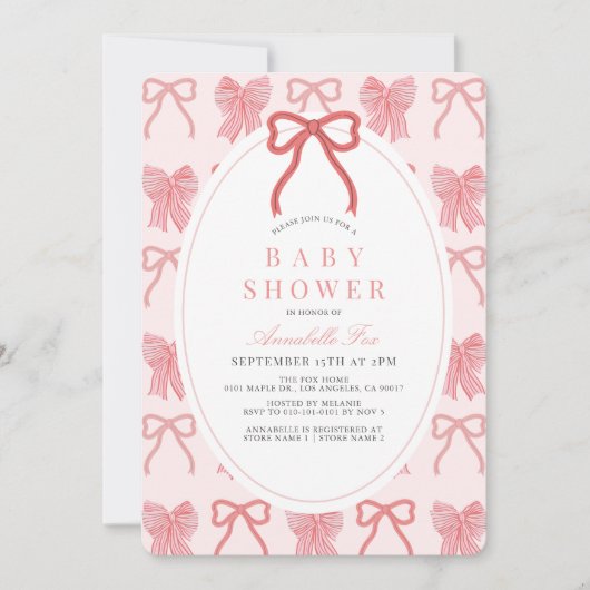Pink Bow Ribbon Pattern Girl Baby Shower Kaart (Voorkant)