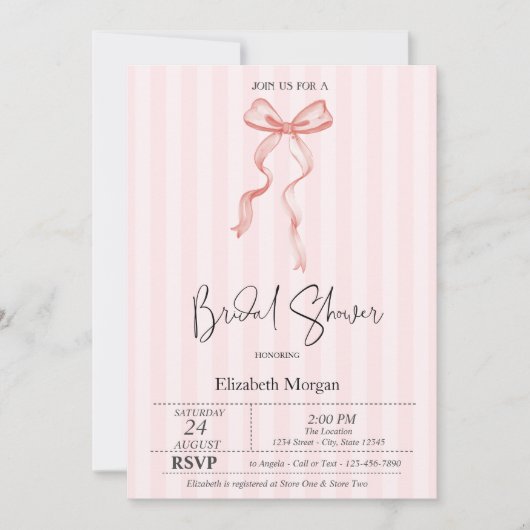 Pink Bow Ribbon Pink Stripes Vrijgezellenfeest Kaart (Voorkant)