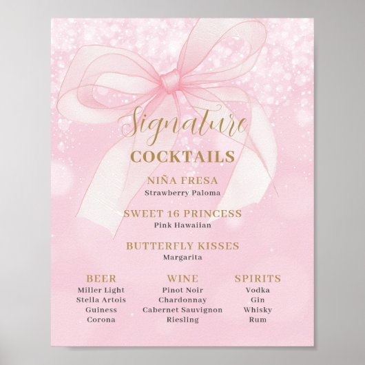 Pink Bow Ribbon Sweet 16 Signature Cocktails Menu Poster (Voorkant)