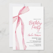 Pink Bow Ribbon Verjaardagsfeest Feest Script Kaart (Voorkant)
