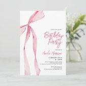 Pink Bow Ribbon Verjaardagsfeest Feest Script Kaart (Staand voorkant)