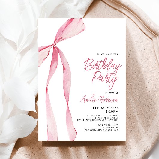 Pink Bow Ribbon Verjaardagsfeest Feest Script Kaart