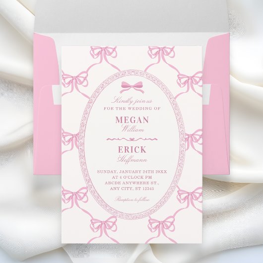 Pink bow ribbon wedding  kaart