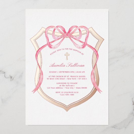 Pink Bow Roos Gold Crest doop Folie Uitnodiging (Voorkant)