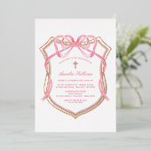 Pink Bow Roos Gold Crest doop Folie Uitnodiging (Staand Voorkant)