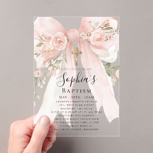 Pink Bow Rose Floral Girl Baptism Acryl Uitnodigingen (Insitu (Draagbaar))
