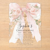Pink Bow Rose Floral Girl Christening Acryl Uitnodigingen (Voorkant)