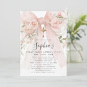 Pink Bow Rose Floral Girl First Communion Kaart (Staand voorkant)