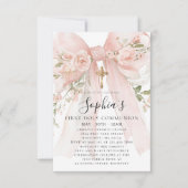 Pink Bow Rose Floral Girl First Communion Petite Kaart (Voorkant)