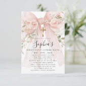 Pink Bow Rose Floral Girl First Communion Petite Kaart (Staand voorkant)