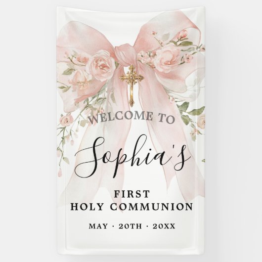 Pink Bow Rose Floral Girl First Communion Vertical Spandoek (Verticaal)