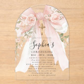 Pink Bow Rose Floral Girl's Christening Arch Acryl Uitnodigingen (Voorkant)