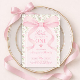 Pink Bow Rose Girls Just Wanna Be One 1st Birthday Kaart