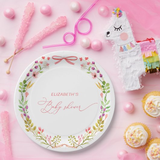 Pink Bow Rustic Floral Garden Baby Shower Papieren Bordje (Feest)