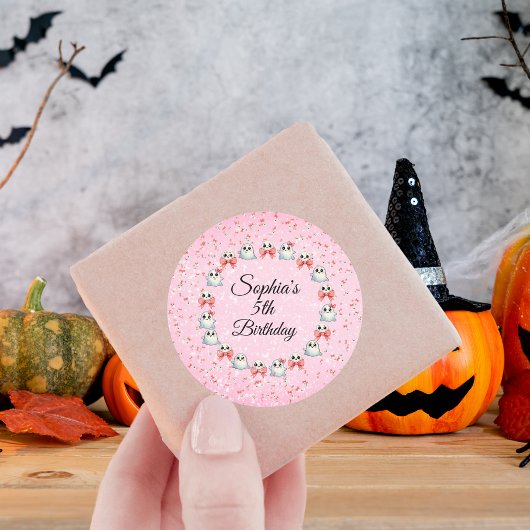 Pink Bow Schattige Ghost Halloween Kids Verjaardag Ronde Sticker
