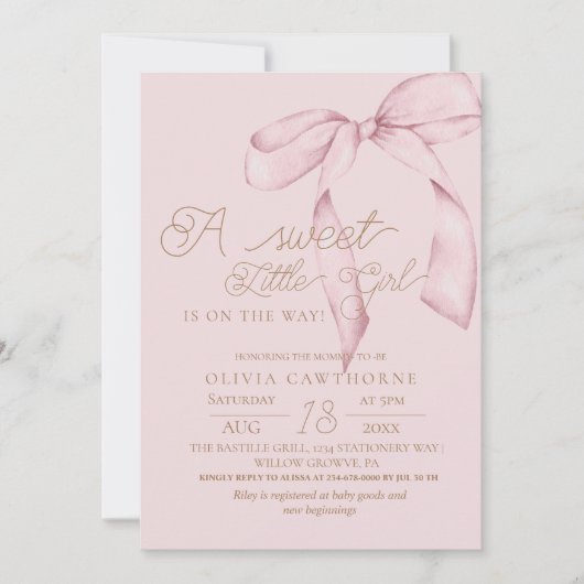Pink Bow Script Baby Shower Invitation Kaart (Voorkant)