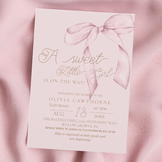 Pink Bow Script Baby Shower Invitation Kaart