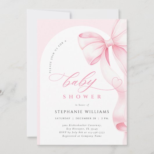 Pink Bow Script Baby Shower Invitation Kaart (Voorkant)