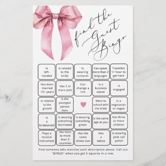 Pink Bow Script Vind het gast bingo spel (Voorkant)