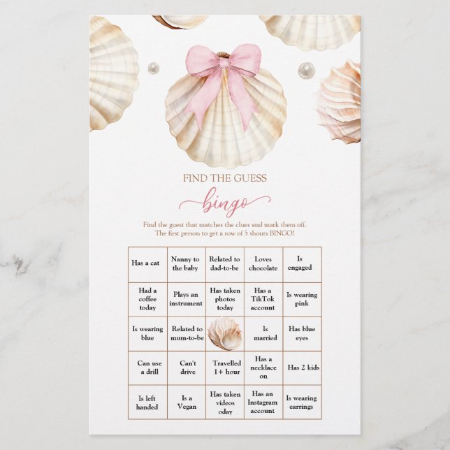 Pink Bow Shell Baby Shower Find The Guest Bingo (Voorkant)