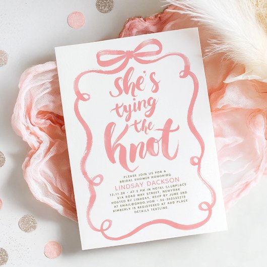 Pink Bow She's Tying The Knot Bridal Shower Kaart