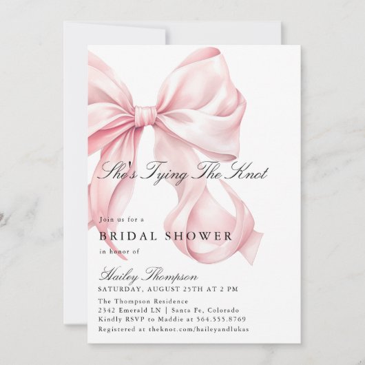 Pink Bow She's Tying The Knot Bridal Shower Kaart (Voorkant)