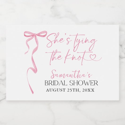 Pink Bow Shes Tying the Knot Vrijgezellenfeest Bru Sparkling Wijnetiket (Enkel label)