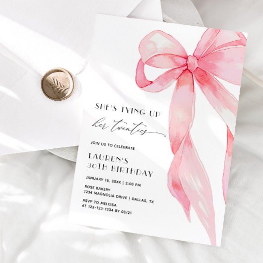 Pink Bow She's Tying Up Her Twenties 30th Birthday Kaart