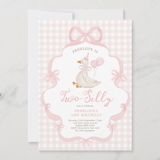 Pink Bow Silly Goose Balloon Girl 2nd Birthday Kaart (Voorkant)