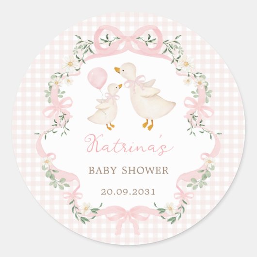 Pink Bow Silly Goose Coquette Floral Baby Shower Ronde Sticker (Voorkant)