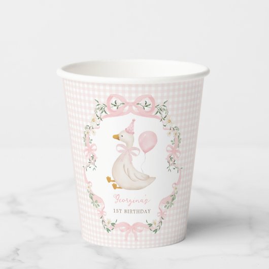 Pink Bow Silly Goose Girl 1st Birthday Papieren Bekers (Voorkant)