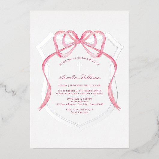 Pink Bow Silver Crest doop Folie Uitnodiging (Voorkant)