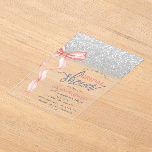 Pink Bow Silver Glitter Bokeh Vrijgezellenfeest Acryl Uitnodigingen (Laagn)
