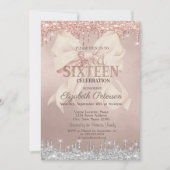 Pink Bow Silver Glitter Drips Rose Gold  Sweet 16 Kaart (Voorkant)