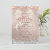 Pink Bow Silver Glitter Drips Rose Gold  Sweet 16 Kaart (Staand voorkant)